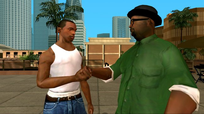 Imagem da tela de jogo do GTA San Andreas para Android com dois personagens apertando as mãos