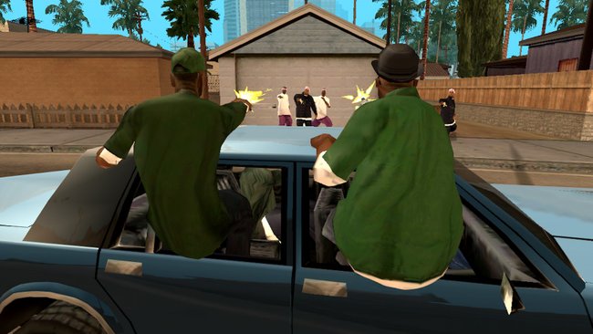 Imagem da tela de jogo do GTA San Andreas para Android com quatro personagens em um duelo de tiros