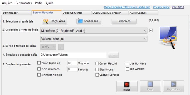 Tela de gravação de tela do programa aTube Catcher