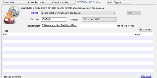 Tela de criação de dvd do programa aTube Catcher