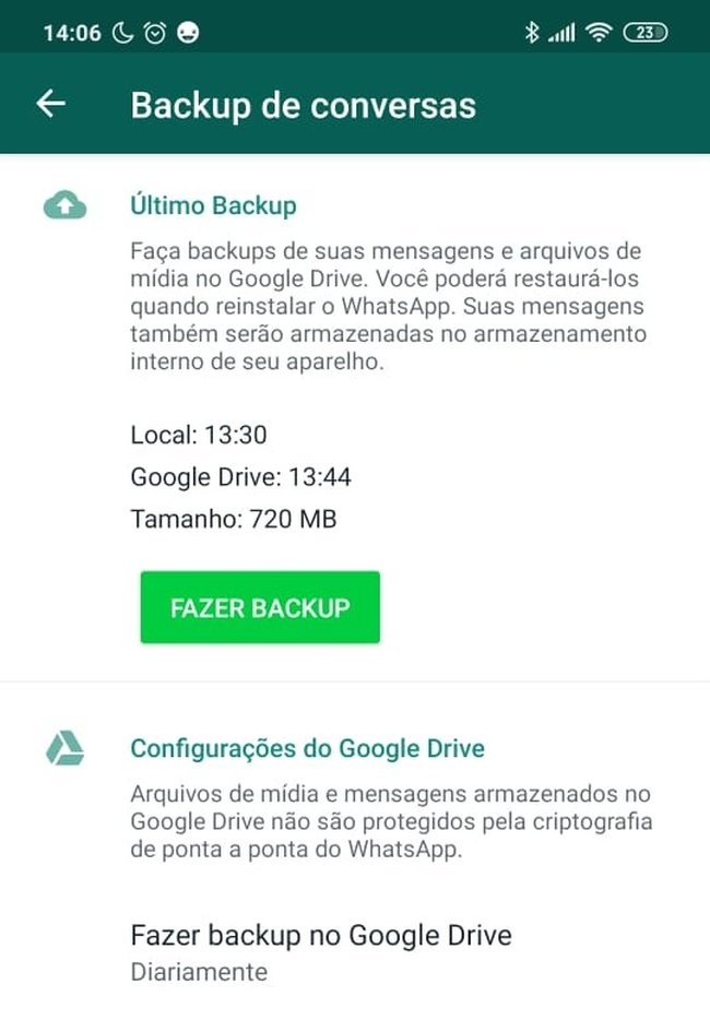 tela de backup de mensagens do whatsapp - Acidez Mental