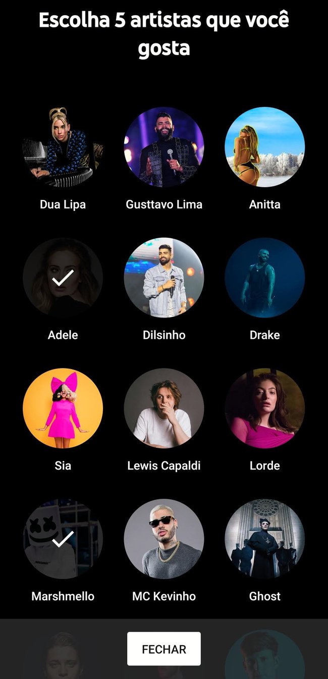 Interface mostra a escolha de cinco artistas no aplicativo