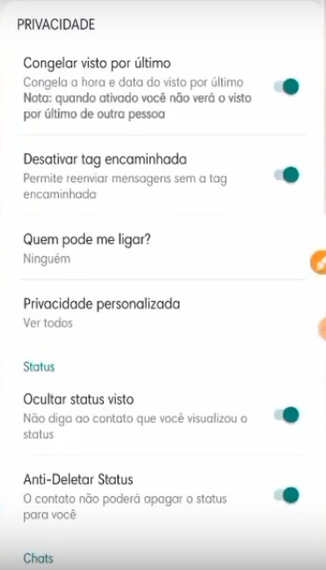 opções extras de fmwhatsapp disponíveis ao usuário