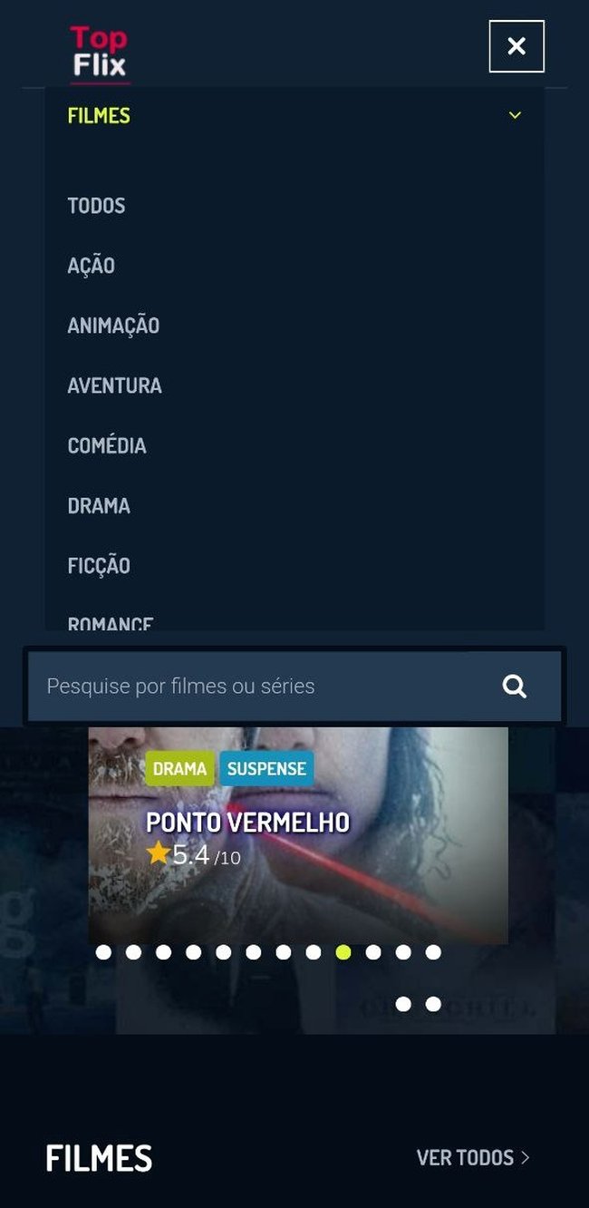 Tela de categorias do apk TopFlix