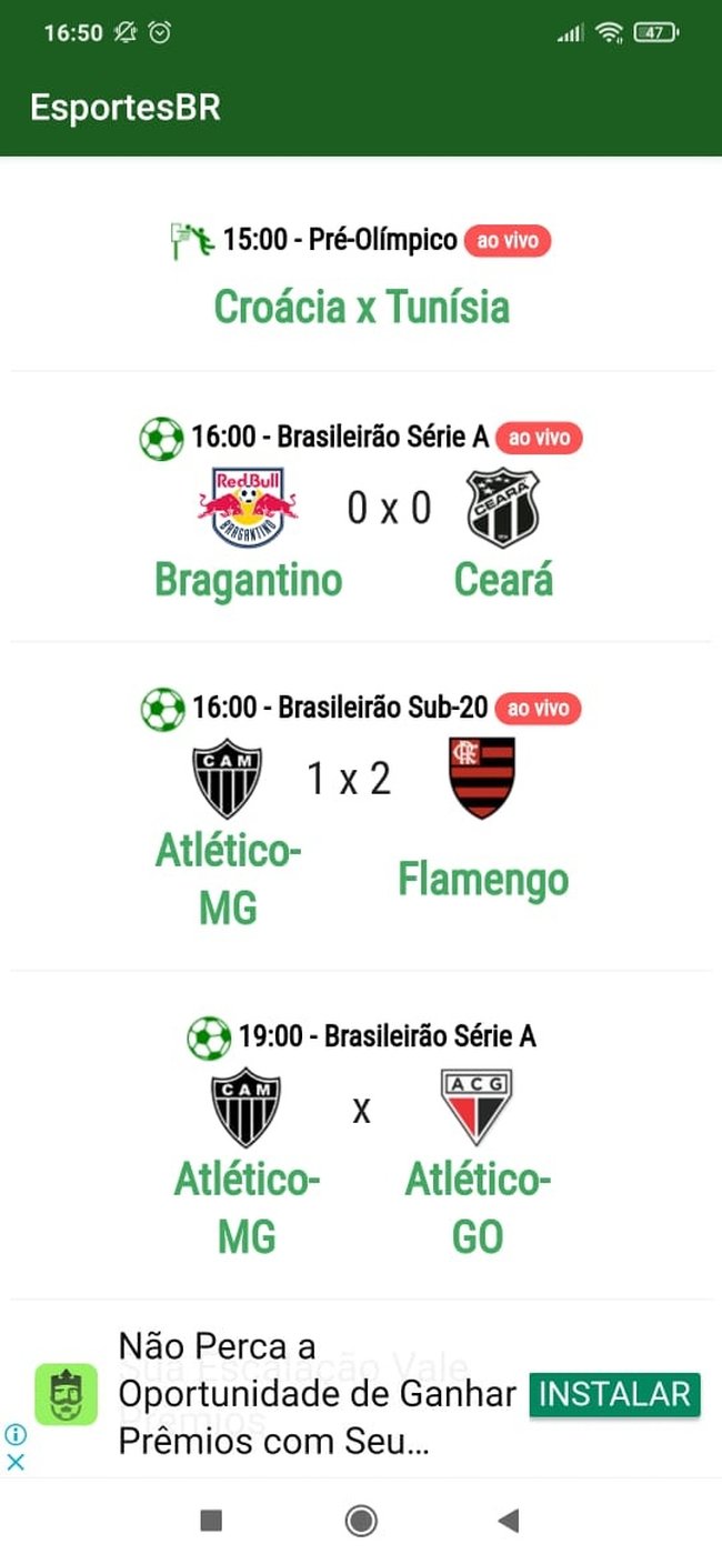 Imagem da tela de jogos do aplicativo EsportesBR