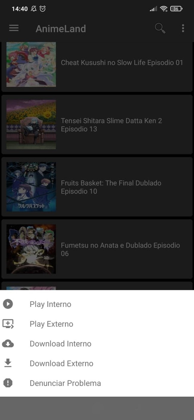 Tela de escolha de animes do aplicativo Animeland