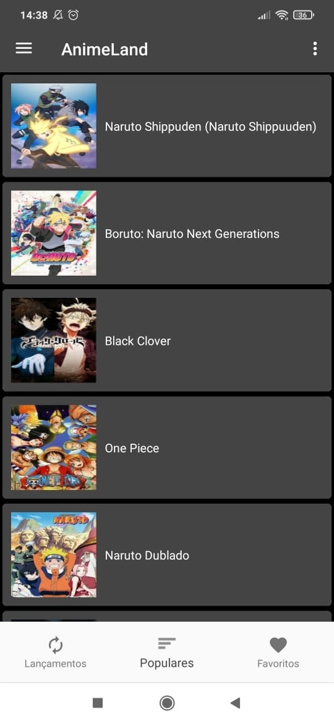 Tela de animes do aplicativo Animeland