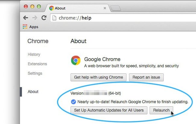 Tela de atualização do google chrome no mac