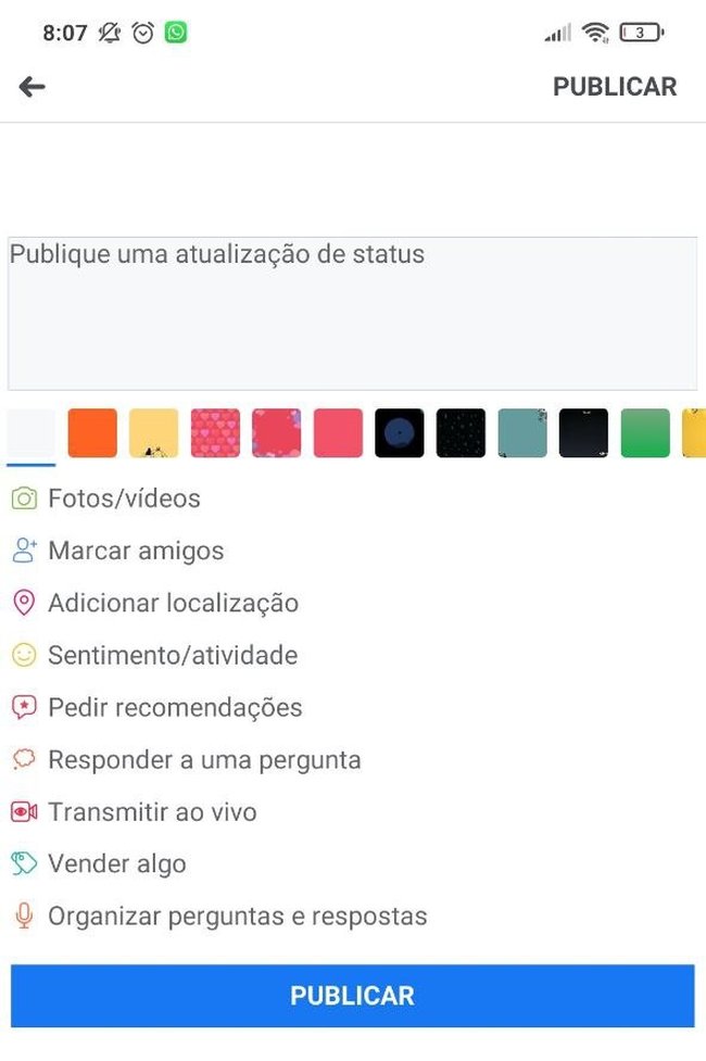 Tela de publicação no Facebook Lite