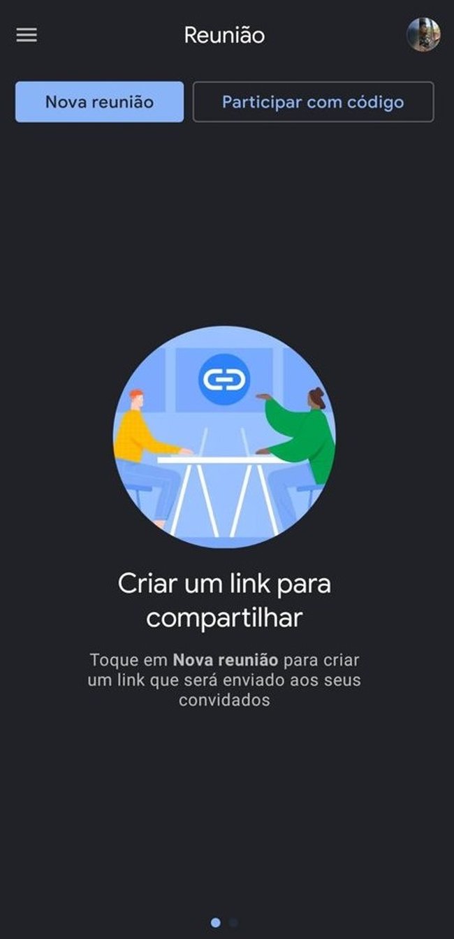 Tela de nova reunião do google meet