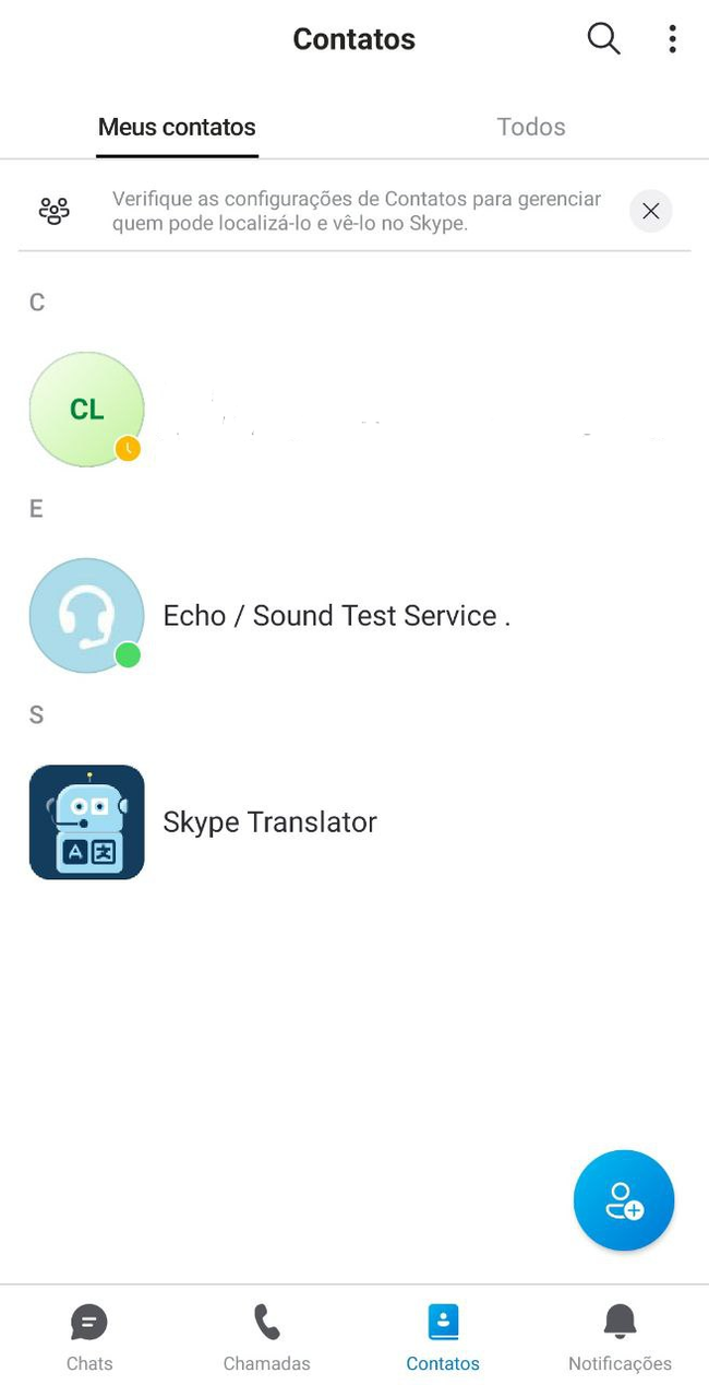 Tela de contatos no skype para android