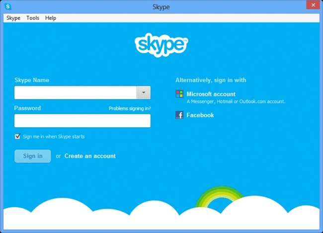 Tela de login do skype para windows