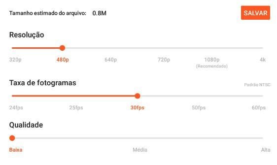 Nas opções de formato de vídeo, você pode reduzir a qualidade e a velocidade para que ele tenha um tamanho menor quando for exportado.