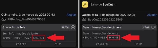 A imagem da esquerda mostra o tamanho original do vídeo (131,1 MB), e a da direita o tamanho que ele ficou depois de ter sido reduzido (34,6 MB)