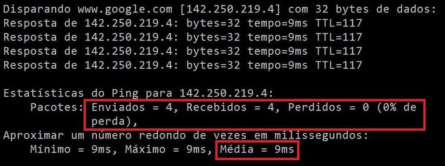 No fim do processo, você tem os resultados da quantidade de pacotes perdidos e a média da velocidade.