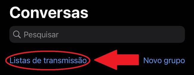 A opção "Listas de transmissão" fica na parte de cima da tela onde ficam suas conversas.