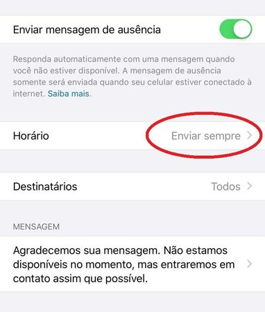 É preciso determinar o horário que as mensagens de ausência serão enviadas.