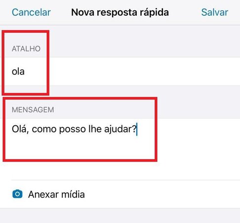 Em "Atalho" insira a palavra-chave e em "Mensagem", a resposta automática a ser enviada.