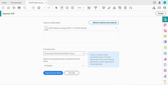 Tela de conversão de arquivo do Adobe Reader XI