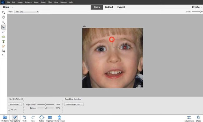 Função de corrigir olhos vermelhos no Adobe Photoshop Elements