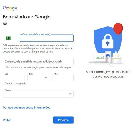 Para sua segurança, informe um e-mail e um celular para caso precise recuperar sua conta. 