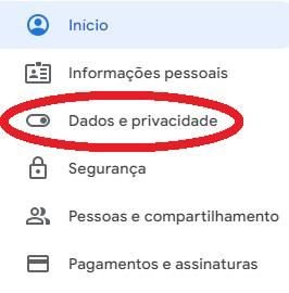 A seção "Dados e privacidade" contém informações referentes à conta Google.