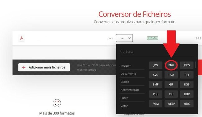 No Convertio é possível converter um arquivo PDF em uma série de formatos, entre eles o PNG. (Fonte: Baixaki/Reprodução)