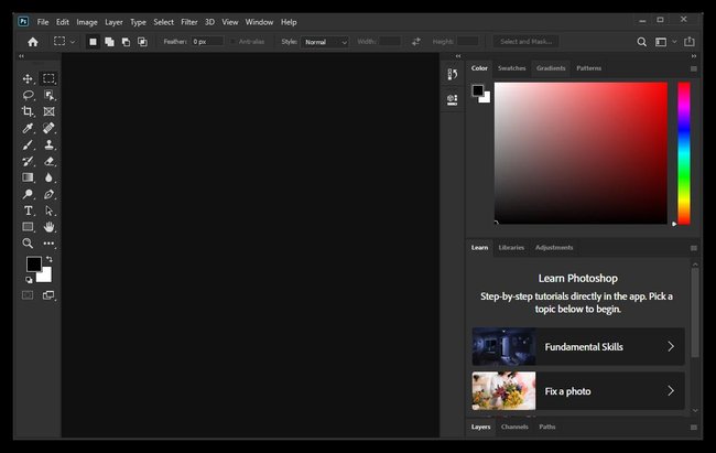 Tela do programa Adobe Photoshop com a função de cor ativada