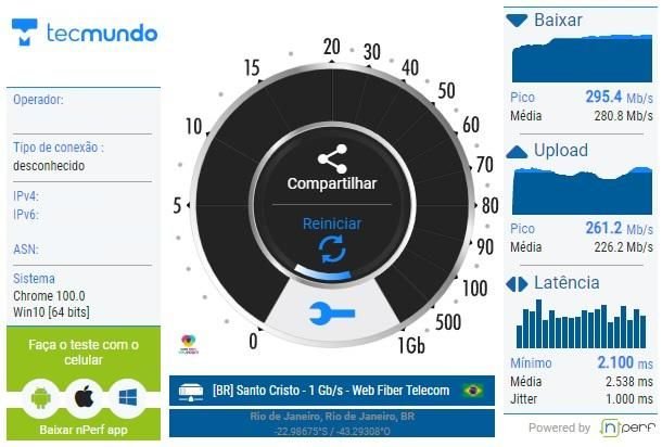 O Teste de velocidade do TecMundo apresenta uma série de informações referentes à sua conexão. (Fonte: TecMundo/Reprodução)