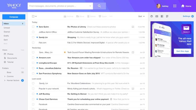 Tela principal do Yahoo Mail