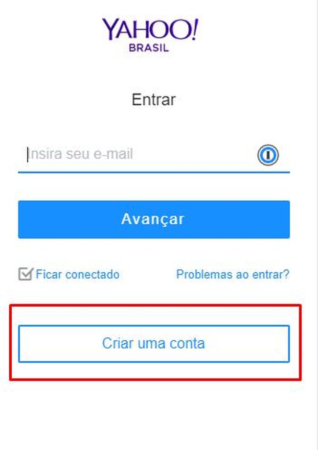 Tela de login do Yahoo Mail Android