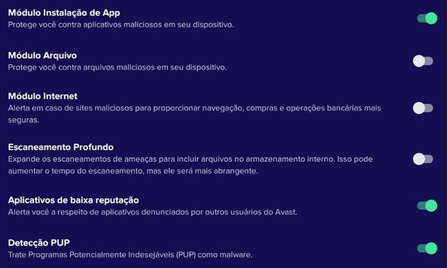 Tela de como ativar o avast com 3 opções selecionadas: Módulo de instalação de app, aplicativos de baixa reputação e detecção PUP
