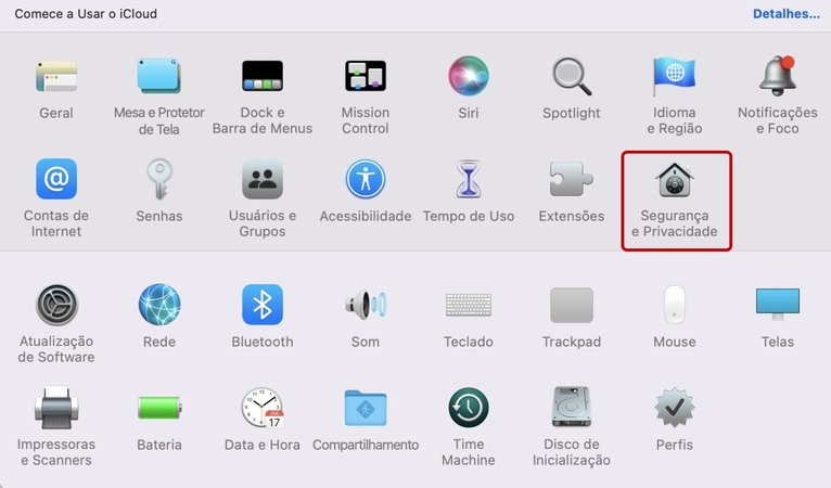 Escolha “Segurança e Privacidade” no menu do Mac.