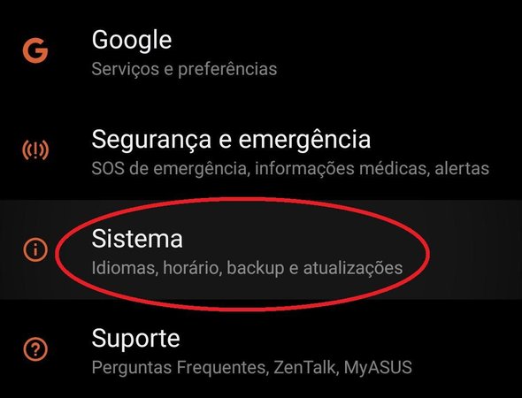 É preciso descer a tela para encontrar a opção "Sistema".