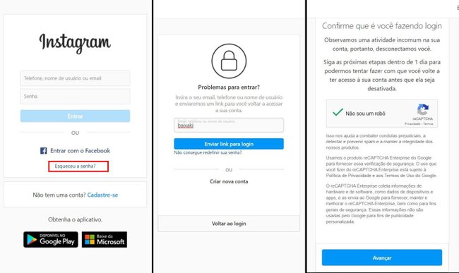 Ao acessar o site da rede social no computador, é possível recuperar a senha Instagram a partir da opção "Esqueceu a senha?". (Fonte: Lupa Charleaux / Baixaki)