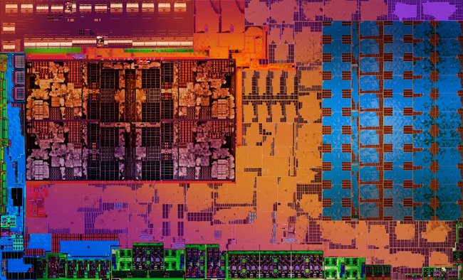 Diagrama de um processador AMD com placa integrada, representado pela estrutura azul na vertical. (Fonte: Ars Technica / Reprodução)