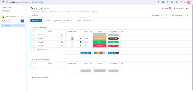 Interface do Monday permite uma visualização rápida de tarefas e seus respectivos prazos