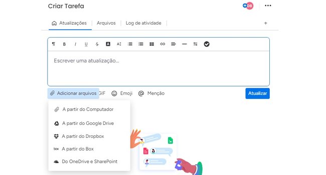 O Monday permite anexar arquivos hospedados em diferentes tipos de plataformas de armazenamento em nuvem