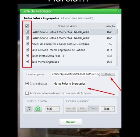 Selecionando os vídeos de uma playlist para baixar no By Click Downloader