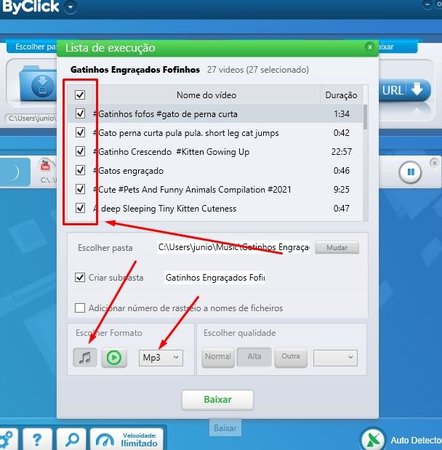 Selecionando formato MP3 para baixar playlist do YouTube com o By Click Downloader