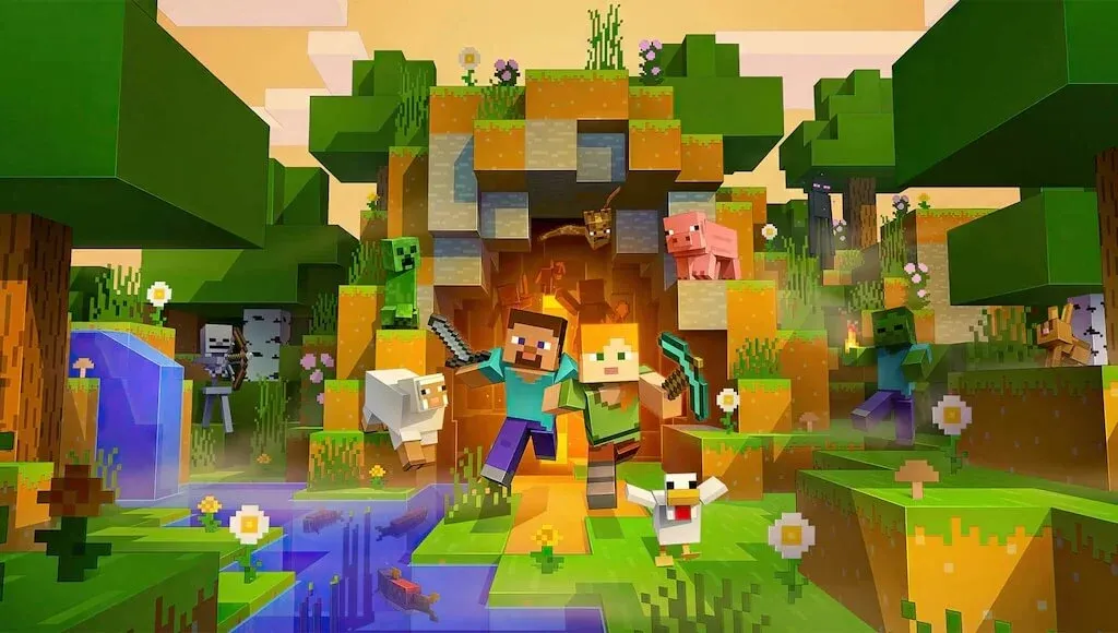 Personagens de minecraft saindo de uma caverna junto com animais