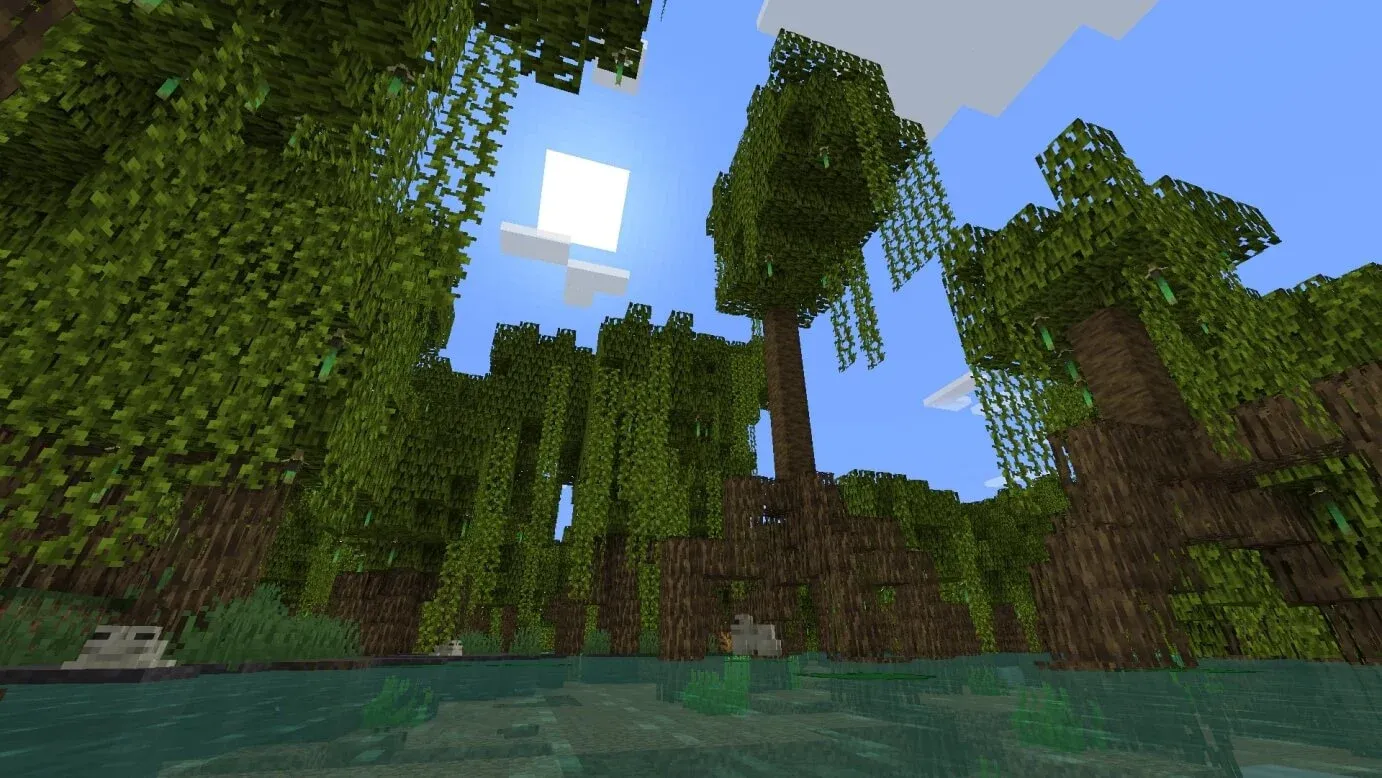 Lago com árvores ao redor montadas com blocos de minecraft