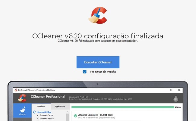 É possível executar o CCleaner logo após a sua instalação