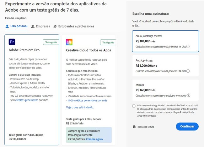 Você pode utilizar o Adobe Premiere Pro de graça por até sete dias