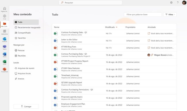 A tela principal do Microsoft Office 365 traz todos os arquivos de todos os apps