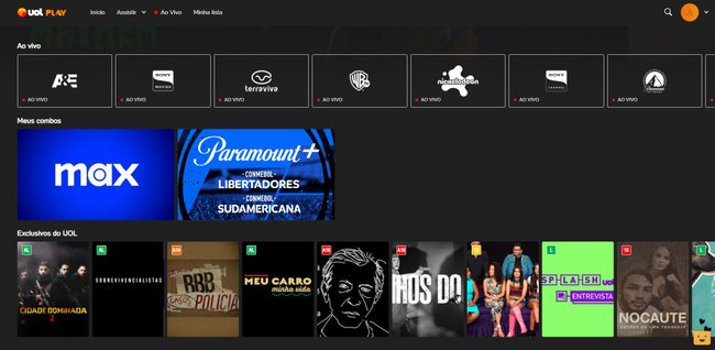 Menu principal do UOL Play traz uma divisão entre os canais on demand e todo o conteúdo via streaming