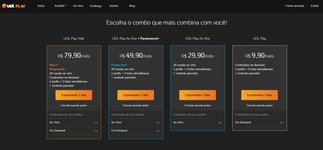 Há uma série de planos disponíveis para assinar o UOL Play