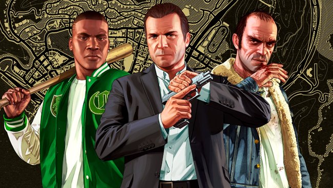 Os três protagonistas jogáveis de GTA V: Franklin, Michael e Trevor, respectivamente.