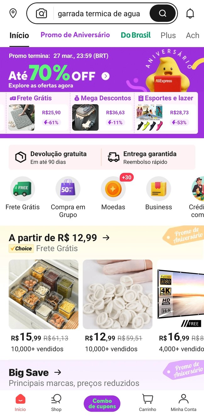 A interface do App do AliExpress é relativamente simples, com botões que facilitam a navegação.