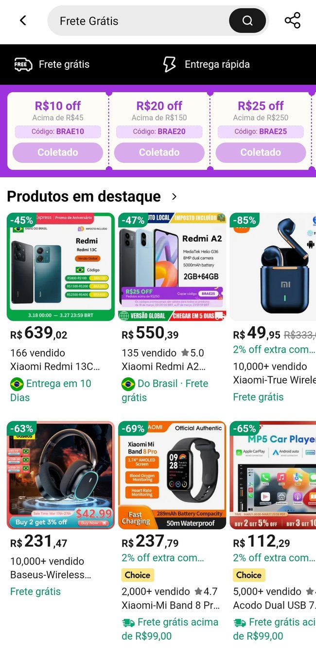 O app conta com uma seção de fretes grátis, que facilita a compra de produtos sem valor adicional no envio.